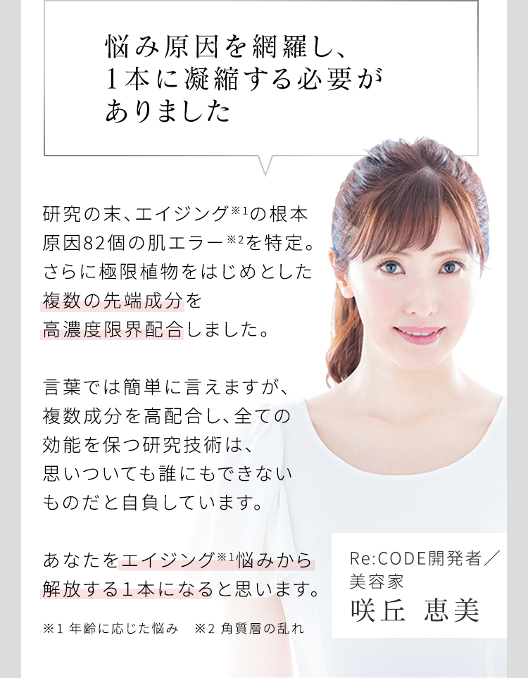 悩み原因を網羅し、1本に凝縮する必要がありました 研究の末、エイジング※1の根本原因82個の肌エラー※2を特定。さらに極限植物をはじめとした複数の先端成分を高濃度限界配合しました。 言葉では簡単に言えますが、複数成分を高配合し、全ての効能を保つ研究技術は、思いついても誰にもできないものだと自負しています。 あなたをエイジング※1悩みから解放する1本になると思います。 Re:CODE開発者/美容家 咲丘 恵美 ※1 年齢に応じた悩み ※2 角質層の乱れ