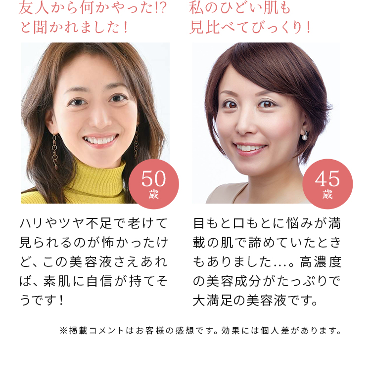 友人から何かやった!?と聞かれました! ハリやツヤ不足で老けて見られるのが怖かったけど、この美容液さえあれば、素肌に自信が持てそうです!(50歳) 私のひどい肌も見比べてびっくり! 目もと口もとに悩みが満載の肌で諦めていたときもありました…。高濃度の美容成分がたっぷりで大満足の美容液です。(45歳) ※掲載コメントはお客様の感想です。効果には個人差があります。